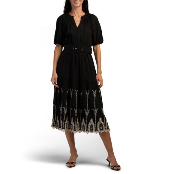LEA Black Puff Sleeve Embroidered Maxi Dress With Belt - Picture 1 of 1
